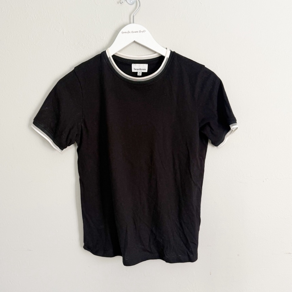 HEARTLOOM Women’s Black Ivory Contrast Trim Short Sleeve Tee Cotton Blend Sz XS